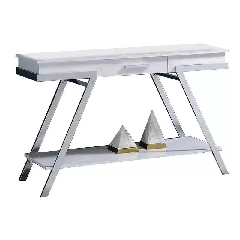 Royal Hampton 48 Inch Sofa Table, Open Shelf, Chrome Frame, High Gloss White Finish