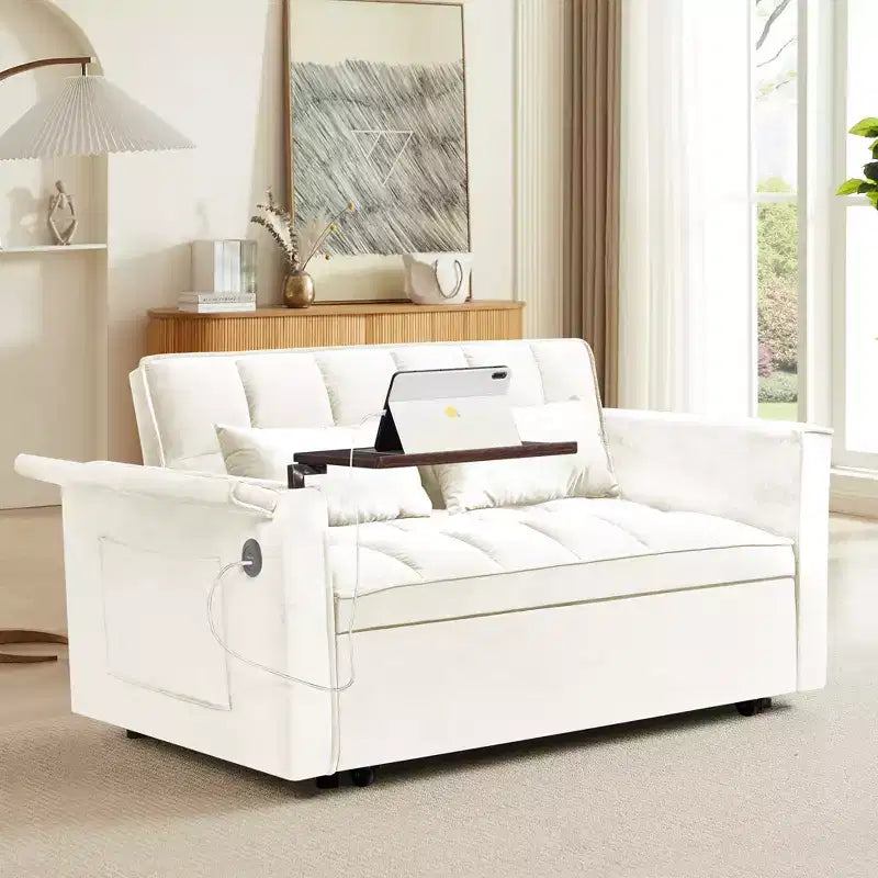 GDFStudio Tali Contemporary Multi-Functional Velvet Upholstered Loveseat Bed with Adjustable Back and Laptop Desk