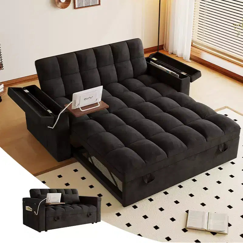 GDFStudio Tali Contemporary Multi-Functional Velvet Upholstered Loveseat Bed with Adjustable Back and Laptop Desk