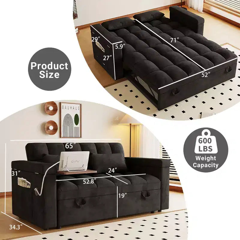GDFStudio Tali Contemporary Multi-Functional Velvet Upholstered Loveseat Bed with Adjustable Back and Laptop Desk