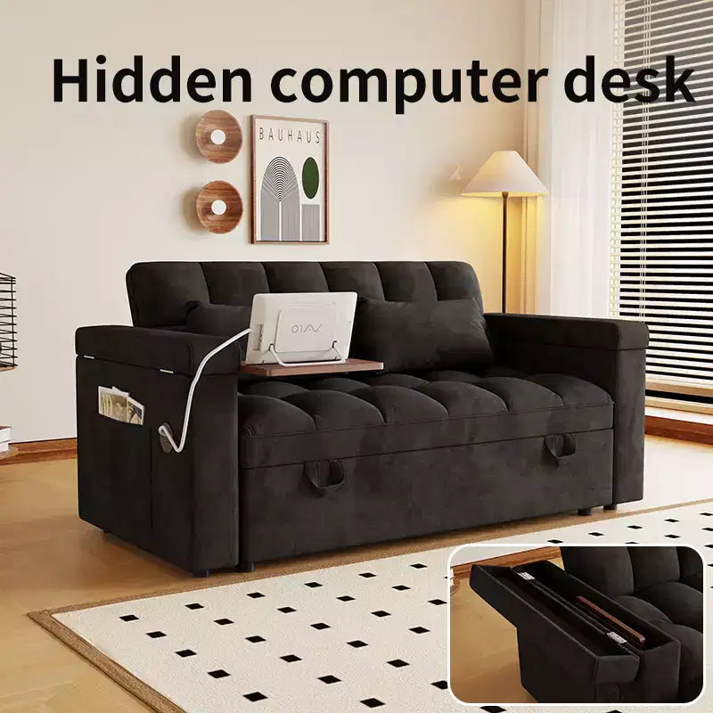 GDFStudio Tali Contemporary Multi-Functional Velvet Upholstered Loveseat Bed with Adjustable Back and Laptop Desk