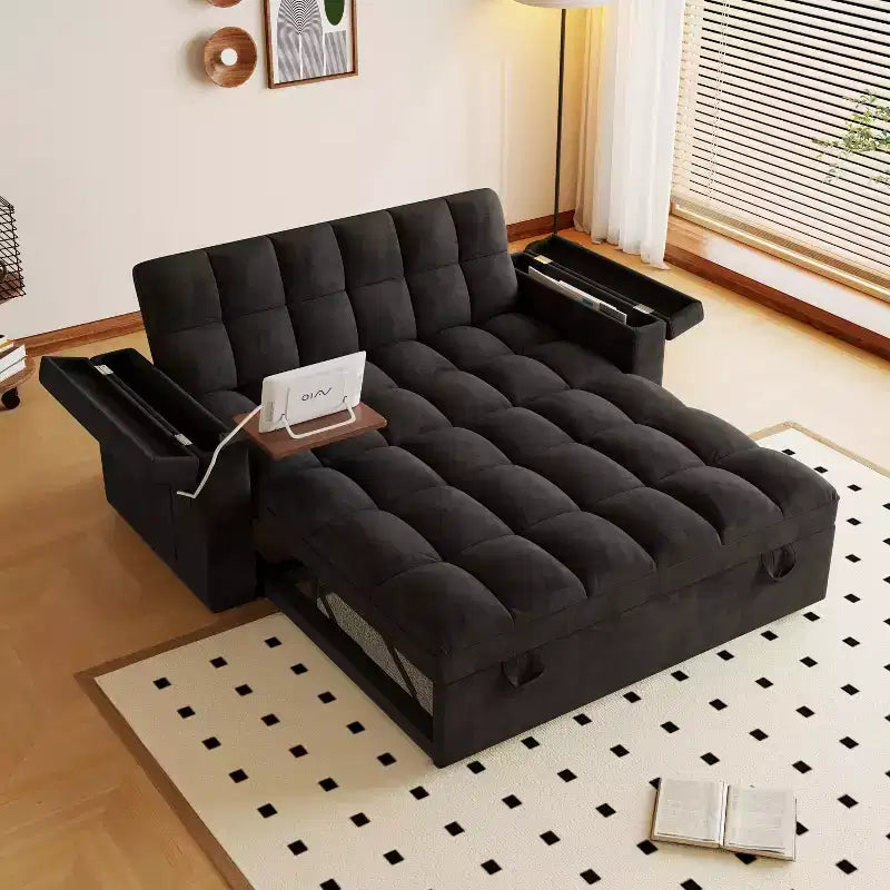 GDFStudio Tali Contemporary Multi-Functional Velvet Upholstered Loveseat Bed with Adjustable Back and Laptop Desk
