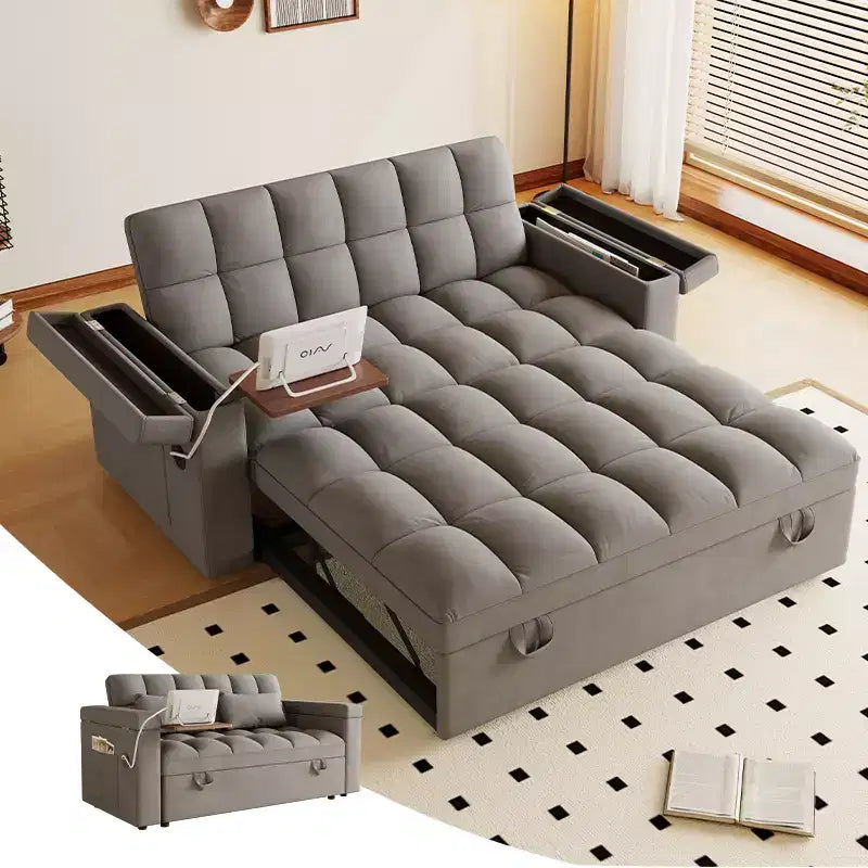 GDFStudio Tali Contemporary Multi-Functional Velvet Upholstered Loveseat Bed with Adjustable Back and Laptop Desk