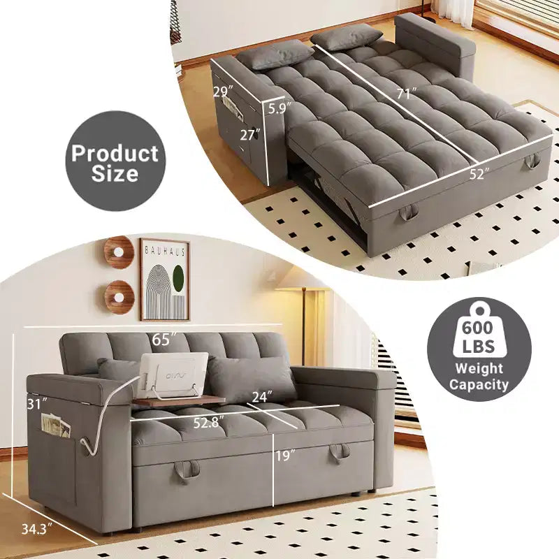 GDFStudio Tali Contemporary Multi-Functional Velvet Upholstered Loveseat Bed with Adjustable Back and Laptop Desk