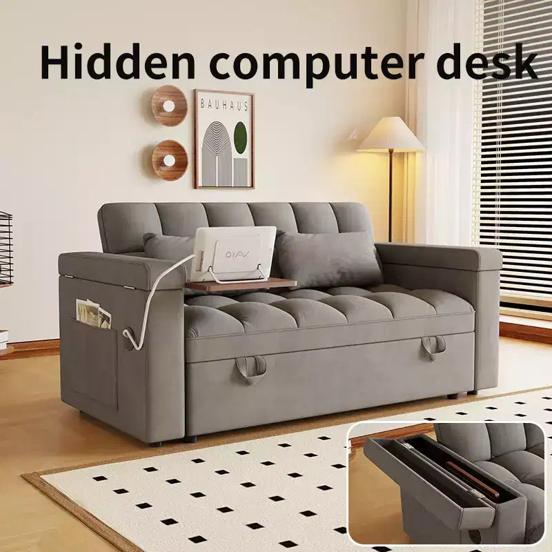GDFStudio Tali Contemporary Multi-Functional Velvet Upholstered Loveseat Bed with Adjustable Back and Laptop Desk