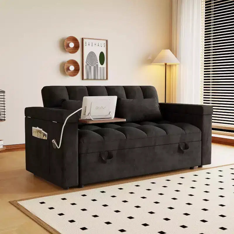 GDFStudio Tali Contemporary Multi-Functional Velvet Upholstered Loveseat Bed with Adjustable Back and Laptop Desk