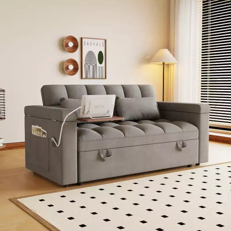 GDFStudio Tali Contemporary Multi-Functional Velvet Upholstered Loveseat Bed with Adjustable Back and Laptop Desk