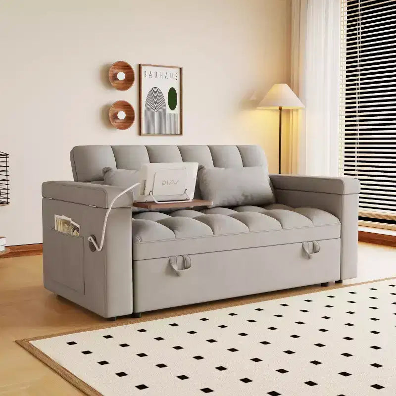 GDFStudio Tali Contemporary Multi-Functional Velvet Upholstered Loveseat Bed with Adjustable Back and Laptop Desk