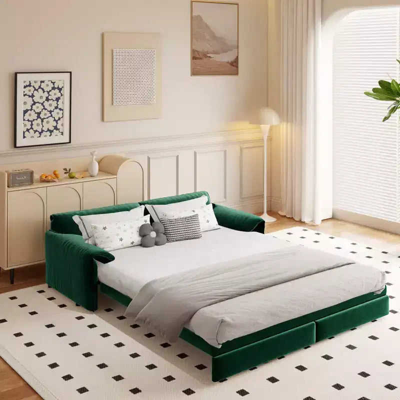 MAYEERTY 66 Queen Pull Out Sofa Bed, 3-in-1 Convertible Sleeper Sofa with Side Storage, Multifunctional Velvet Loveseat Bed for Living Room Bedroom