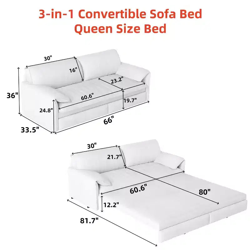 MAYEERTY 66 Queen Pull Out Sofa Bed, 3-in-1 Convertible Sleeper Sofa with Side Storage, Multifunctional Velvet Loveseat Bed for Living Room Bedroom
