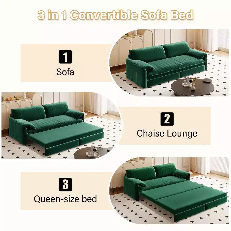 MAYEERTY 66 Queen Pull Out Sofa Bed, 3-in-1 Convertible Sleeper Sofa with Side Storage, Multifunctional Velvet Loveseat Bed for Living Room Bedroom