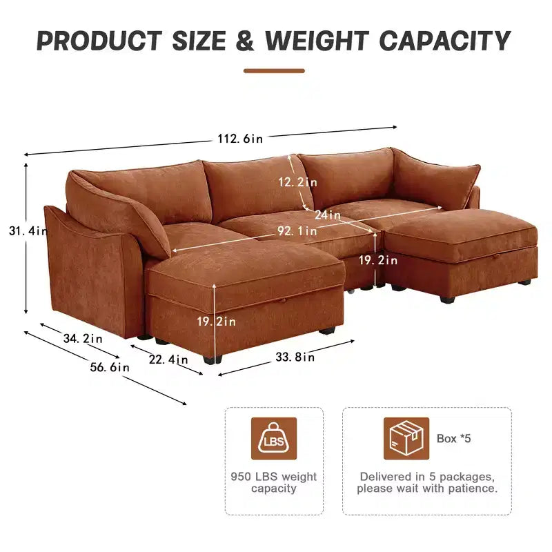 GDFStudio Austell Chenille Upholstered U-Shape Deep Seat 3-Seater Sofa with 2 Ottomans