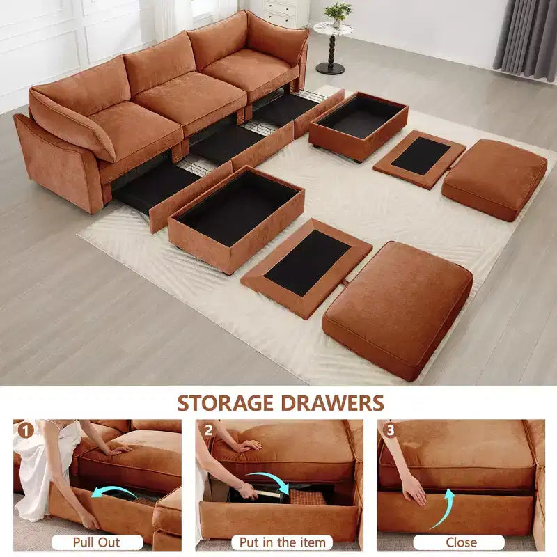 GDFStudio Austell Chenille Upholstered U-Shape Deep Seat 3-Seater Sofa with 2 Ottomans