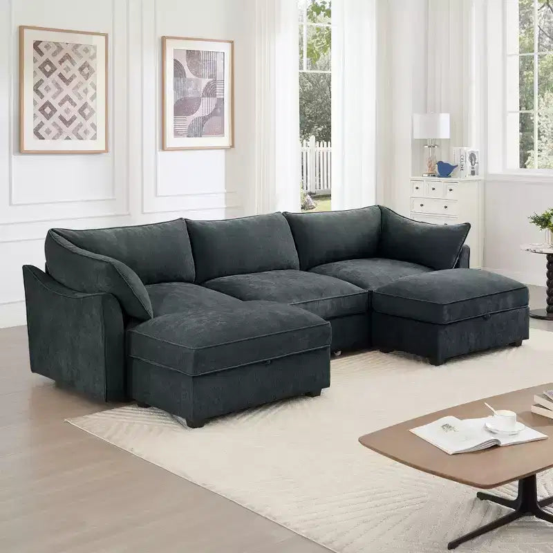 GDFStudio Austell Chenille Upholstered U-Shape Deep Seat 3-Seater Sofa with 2 Ottomans