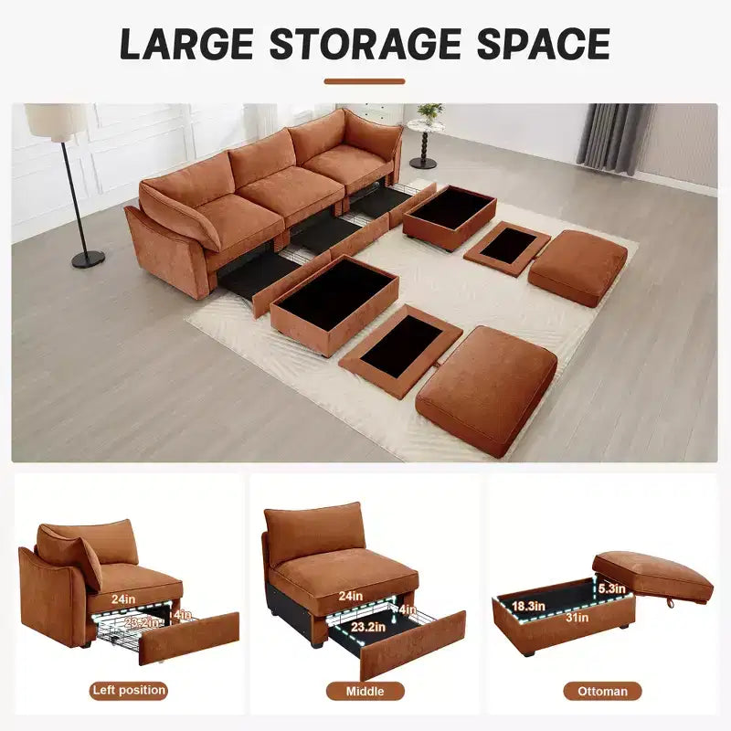 GDFStudio Austell Chenille Upholstered U-Shape Deep Seat 3-Seater Sofa with 2 Ottomans