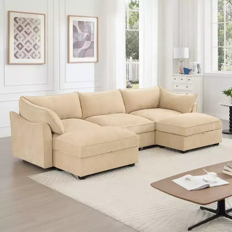 GDFStudio Austell Chenille Upholstered U-Shape Deep Seat 3-Seater Sofa with 2 Ottomans