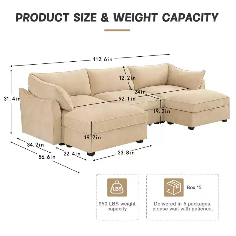 GDFStudio Austell Chenille Upholstered U-Shape Deep Seat 3-Seater Sofa with 2 Ottomans