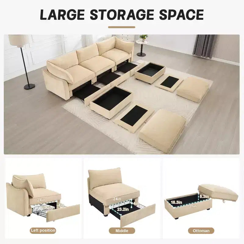 GDFStudio Austell Chenille Upholstered U-Shape Deep Seat 3-Seater Sofa with 2 Ottomans