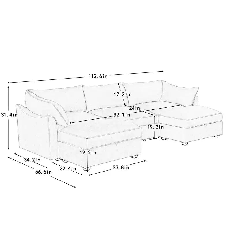 GDFStudio Austell Chenille Upholstered U-Shape Deep Seat 3-Seater Sofa with 2 Ottomans