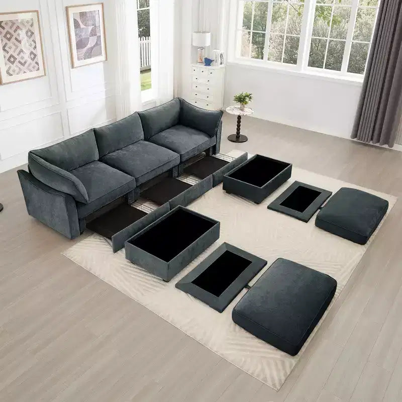 GDFStudio Austell Chenille Upholstered U-Shape Deep Seat 3-Seater Sofa with 2 Ottomans