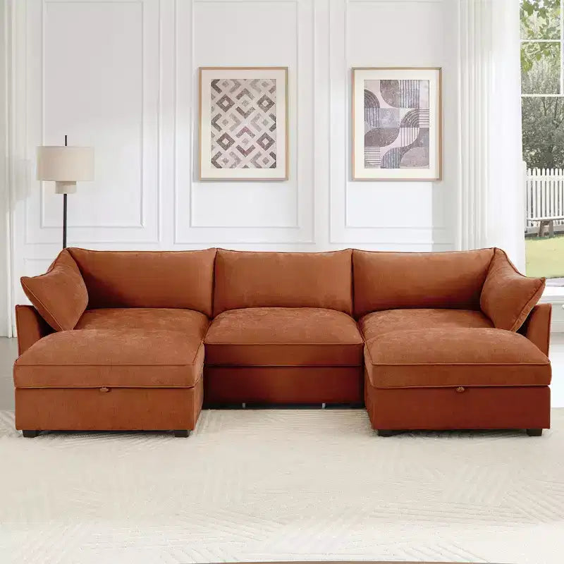 GDFStudio Austell Chenille Upholstered U-Shape Deep Seat 3-Seater Sofa with 2 Ottomans